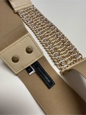 BCBGMaxAzria Beige Stretch Belt with Gold Rhinestone Chain